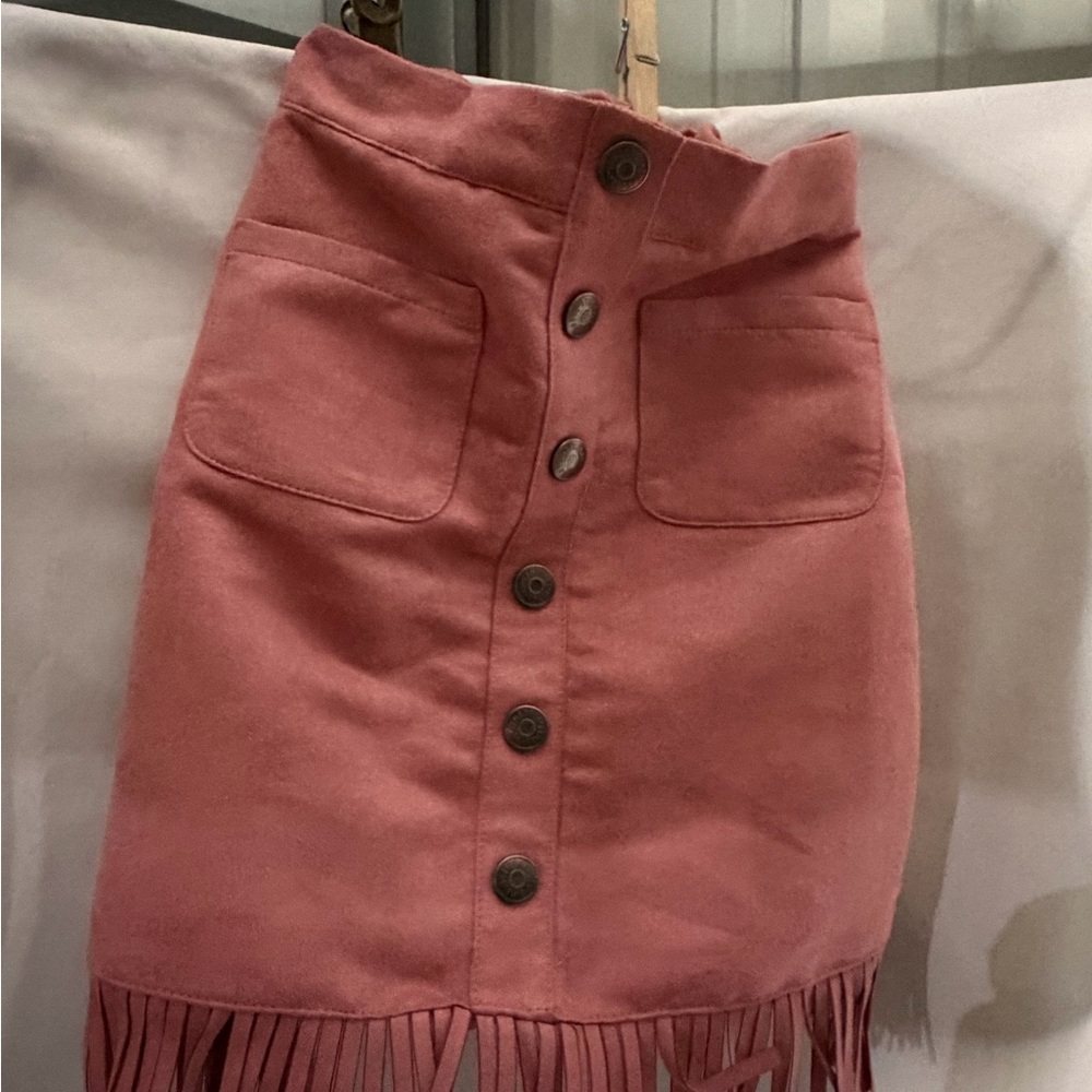 Pink Button-Front Fringe Skirt